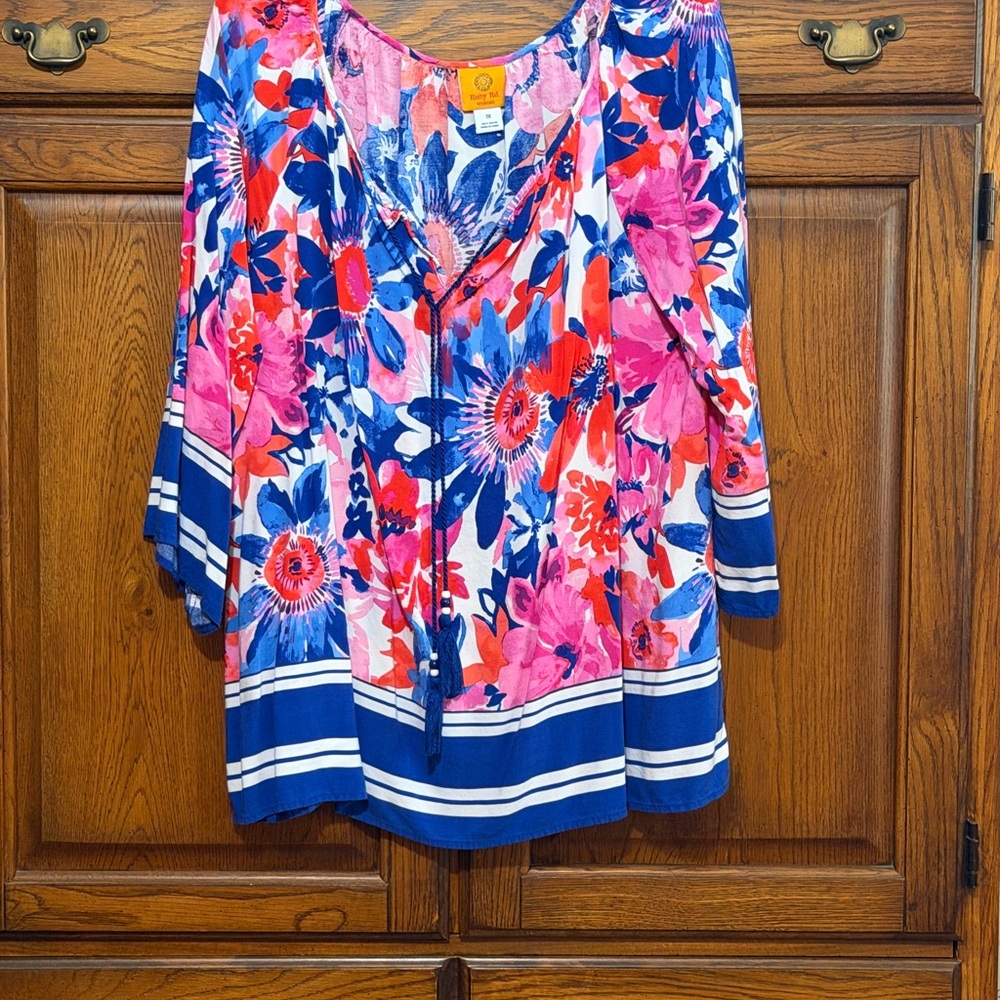 Ruby Rd. Floral Split-Neck Blouse in Blue, Pink, Red
